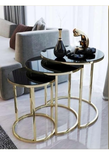 3' Lü Set C Zigon Gold Sehpa Siyah Aynalı Gold Siyah