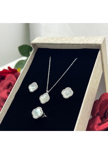 Van Cleef Yonca Beyaz Taşlı Kadın 3'lü Seti 925 Ayar Gümüş Radyumlu 12 Mm Gümüş