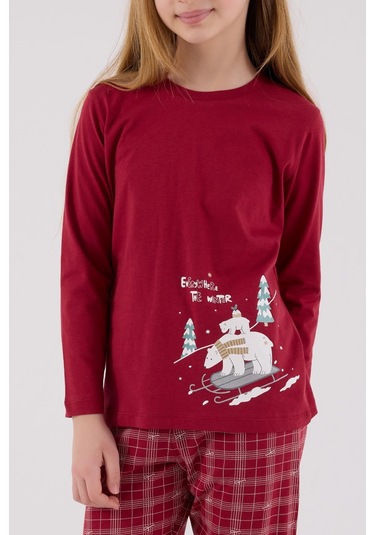 Arnetta Garson Kız Çocuk Aile %100 Pamuklu 4 Mevsim Ekoseli Uzun Kollu Pijama Takım Bordo