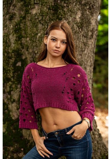 Verdeblanco Yırtık Detaylı Örme Crop Top Mürdüm