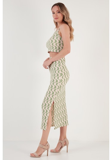 Lela Slim Fit Ip Askılı Yırtmaçlı Bayan Takım 5865278 Yeşil-Beyaz