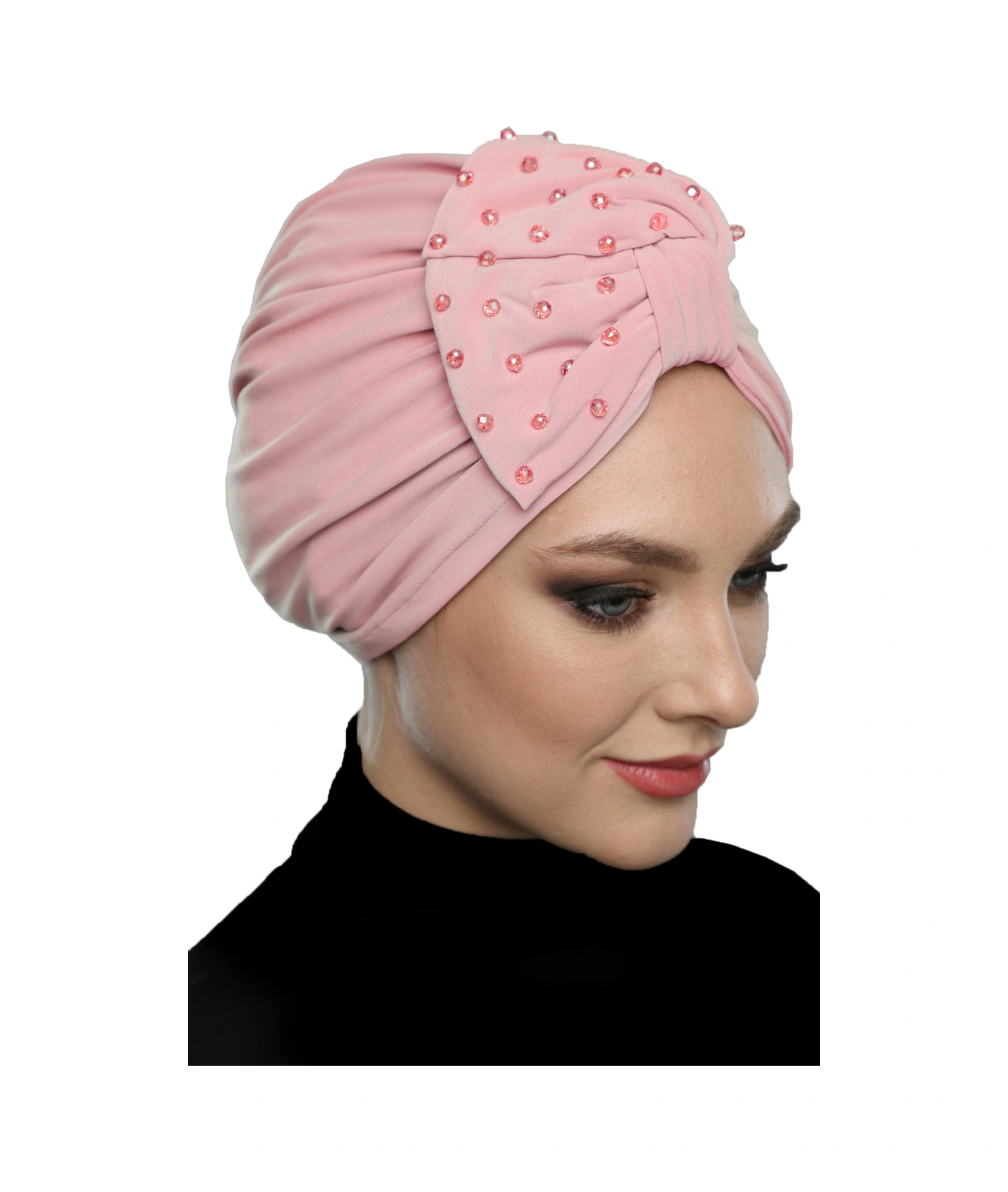 Kristal Yelpaze Taş Işlemeli Çift Taraflı Astarlı Pudra Hazır Türban Tesettür Abiye Bone Pudra