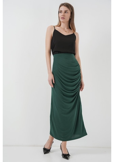 8035 Büzgülü Midi Etek - Zümrüt Yeşili Zümrüt