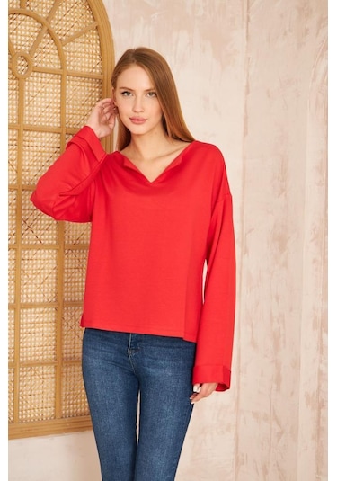 Kadın Ekstra Uzun Duble Kol / Yakası Yırtmaçlı Salaş Sweatshirt Bluz 3470190 Kırmızı