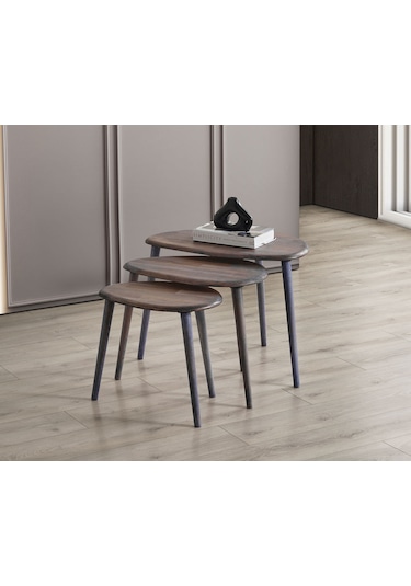 Masif Doğal Ahşap Zigon Sehpa 3'lü Set, Modern Antrasit Yan Sehpa