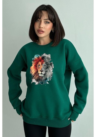 Kadın Yeşil Aslan Baskılı Oversize Sweatshirt Yeşil