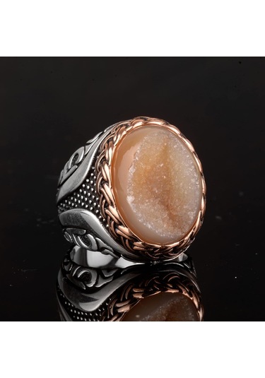 Gerçek Doğal Druzy Kristal Kuvars Taşı Yüzük, Doğum Taşı Yüzüğü, 925 Ayar Gümüş Yüzük Sarı Gümüş