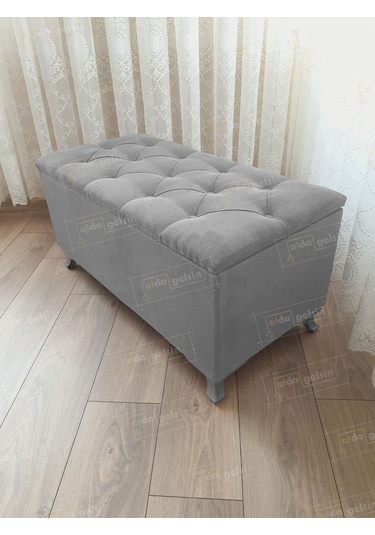 Lüks Sandıklı Kapitoneli Ayakucu Puf Bench 100 Cm Gümüş Ayak Laci