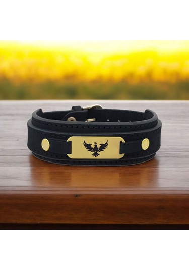 Archin Kral Kartal Temalı Doğal Siyah Derili Oval Motifli 14 Ayar Altın Plakalı Hediye Bileklik-438sembol Kral Kartal