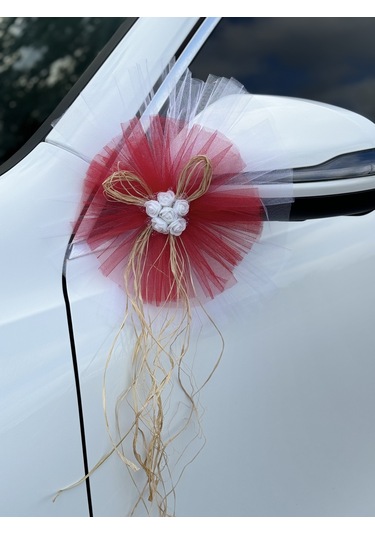 5 Adet Beyaz Kırmızı Kristal Tül Beyaz Lateks Güllü Konvoy Süsü