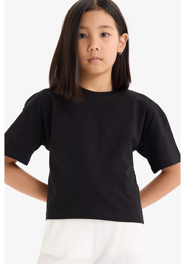 DeFacto Kız Çocuk Relax Fit Bisiklet Yaka Basic Düz Kısa Kollu Tişört Z5095A625SMBK27 Siyah