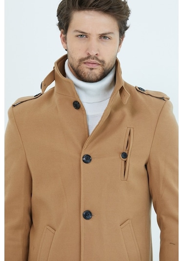 Erkek Vizyon Dar Kesim Dik Yaka Uzun Kaşe Kaban-Vizon