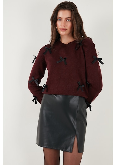 Lela Premium Regular Fit Bisiklet Yaka Fiyonk Detaylı Triko Bayan Kazak 680Kz00155 Bordo