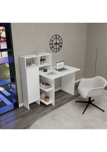 Arnetti Buğra Dolaplı Raflı Çalışma Bilgisayar Masası Beyaz