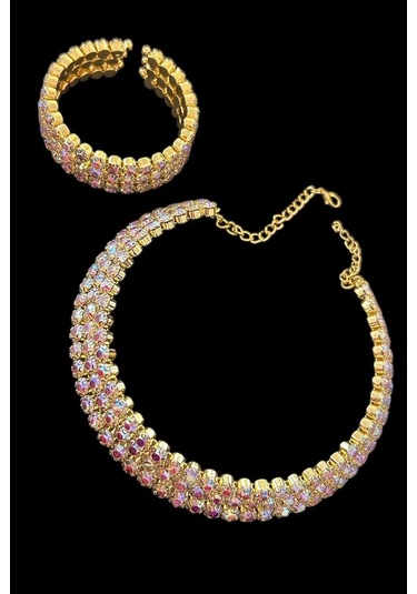 Caş Dekorasyon Altın Renk Taşlı Choker Kolye Ve Bileklik Set Altın
