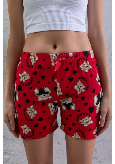 Giysa Kadın Beli Lastikli Desenli Şort Pijama Altı Kırmızı - 2027 Kırmızı