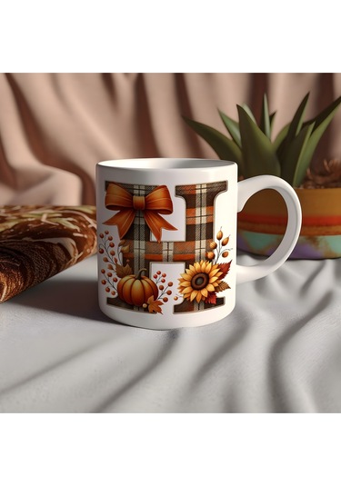 H Harfi Ekose Ve Sonbahar Temalı Kupa Bardak - Kişiye Özel Sıcak Tonlar Alfabe Kupa - Hediye Beyaz