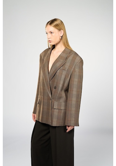 Kadın Kahverengi Ekoseli Oversize Blazer Kahverengi