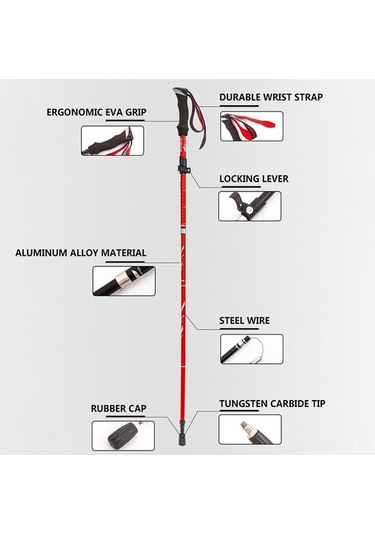 Besthome1 Alüminyum Trekking Çubuğu 5 Bölümlü 36cm Daraltılabilir 265g Kısa Ultra Hafif Dağ Yürüyüşü, Kırmızı Uzun Tip Tek Ade Çok Renkli