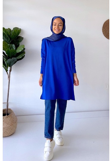 Dik Yaka Merserize Tunik - Saks Saks Mavi