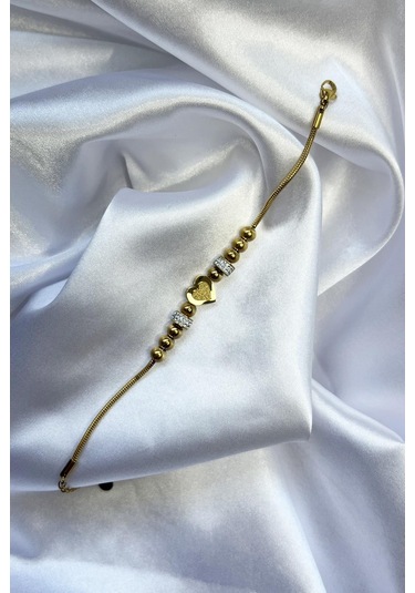 Altın Renk Kaplama Zirkon Taşlı Halka Ve Sim Detay Kalpli Kadın Çelik Bileklik - Altın