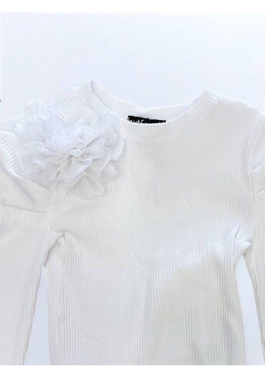 Kız Çocuk Kol Detaylı Çiçekli Fitilli Bluz-14802 Beyaz