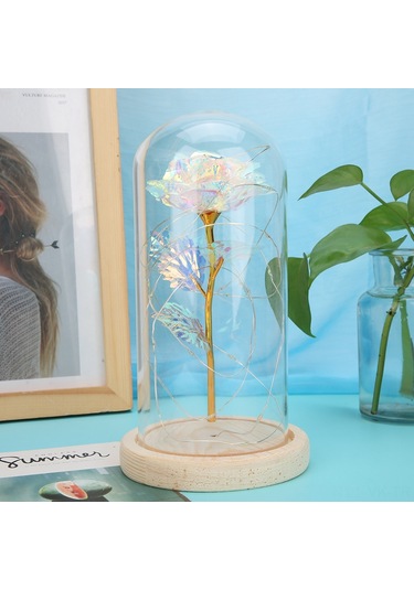 Vkemall Renkli Led Işıklı Cam Kapaklı Altın Folyo Gül Dekoratif Ayna, Oda Dekoru Ve Gece Lambası, Ahşap Tabanlı, 20 Led Işık, Pil Gerektirir Pil Dahil Değil Renkli