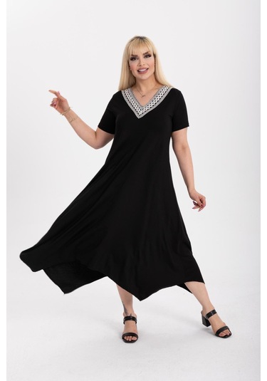 Kadın Büyük Beden Siyah Viskon Etnik Yaka Şık Elbise Siyah