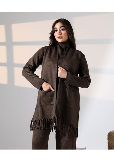 Bohem Şıklık Püskül Detaylı Üçlü Triko Takım Kahverengi