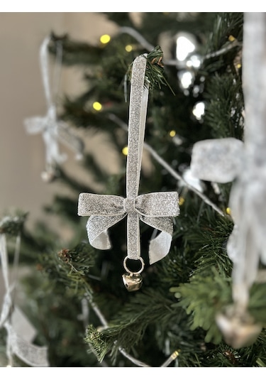 Yılbaşı Simli Gümüş Kadife Kurdeleli Zilli Zincir Lüks Noel Çam Ağacı Süsü 5 Adet-ykdf22