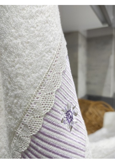 %100 Pamuk & Nakışlı Havlu Takımı - 2'li Dantelli Havlu Seti - 40x60 Cm Lila Lila