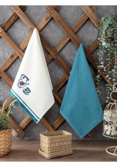 2 Li Mutfak Havlusu Kırmızı Renk Kiraz Nakışlı Kırmızı