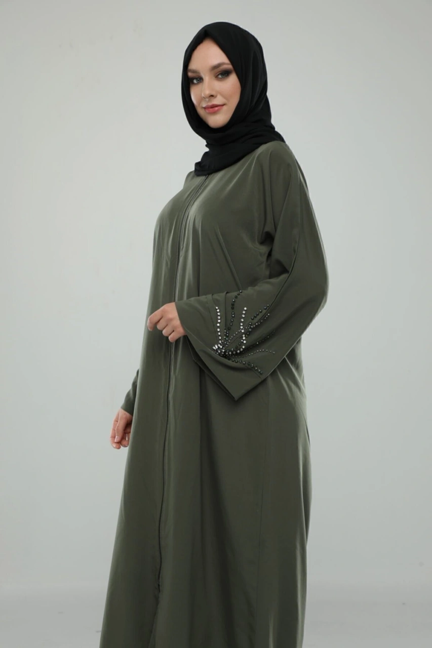 El Işi Taş Işlemeli Fermuarlı Haki Renk Ferace Tesettür Kadın Haki