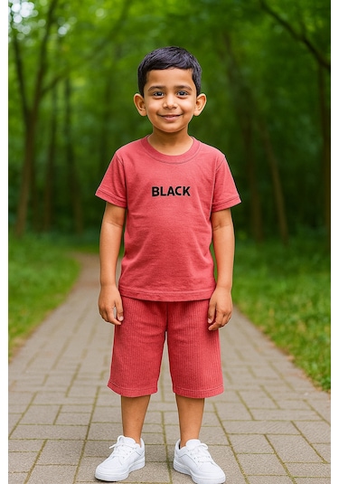 Black Baskı Fitillli Şortlu Basic Kız Erkek Çocuk Yazlık Şortlu Takım Nar Çiçeği