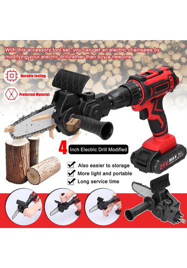 Folinda 4 İnç Elektrik Matkap Zincir Testere Dönüştürücü Aksesuar Seti - Ahşap İşleri El Testeresi - 6-13mm Üç Çene Somun Matkap Uyumlu - Siyah