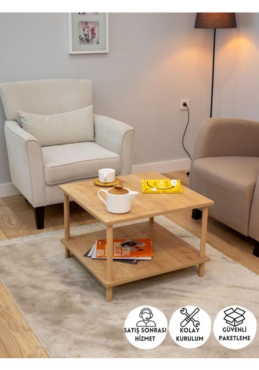 Kare Orta Sehpa Ahşap Ayaklı Sehpa Iki Raflı Sehpa Dekoratif Sehpa Gazetelikli - Safir Meşe-60x60