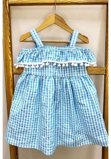 Kız Çocuk Askılı Elbise Dantelli Ekose Desenli B14 Mavi