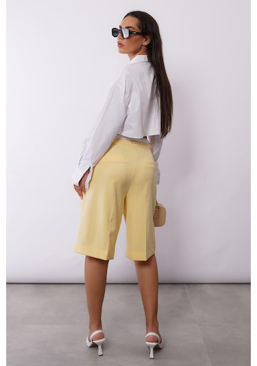 Madmext Sarı Pileli Kadın Bermuda Şort Mg2483 Sarı