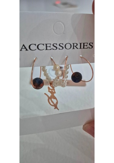 Kedili İnciliküçük Halka Rose Gold Küpe Set Rose