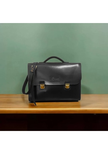 Twingold İsme Özel Evrak Çantası - Messenger Bag - %100 Deri - Ac09001 - Siyah Siyah