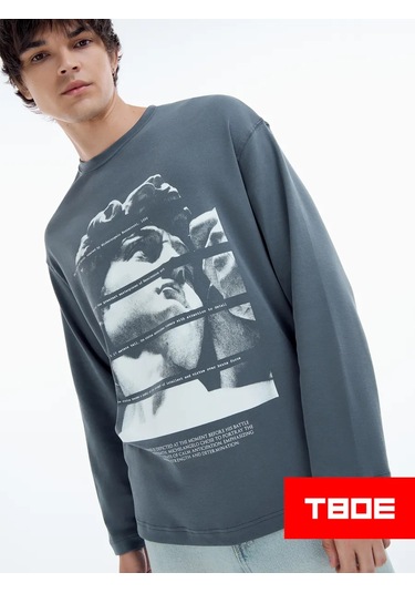 Tvoe Antik Heykel Baskılı Oversize Uzun Kollu Erkek Tişört 479789516 Koyu Gri
