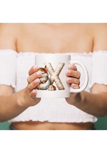 X Harfi Tasarım Bardak, Sevimli Hayvan Temalı Harf Bardağı Beyaz