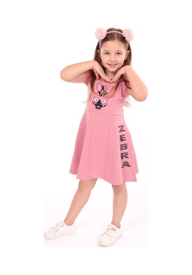 Toontoy Kız Çocuk Bisiklet Yaka Zebra Baskılı Elbise Gülkurusu