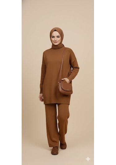 Triko Tunik Pantolon Tesettür Takım Kahve