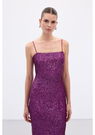 Askılı Uzun Payet Elbise - Mürdüm-136659 Mürdüm