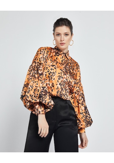 Kadın Leopar Desenli Gömlek - Balon Kol - Saten - Modern Ve Şık Tasarım - Günlük Ve Özel Gün Kullanımı İçin Gömlek Orange