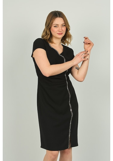 Vals Kadın Drapeli Ay Kollu Krep Kumaş Araboy Abiye Elbise 22-146 Siyah