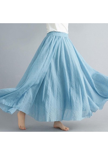 Yaz Sonbahar Kadın Etek Edebi Büyük Boy Pamuk Keten Yarım Etek Elastik Bel Keten A-line Etek Uzun Bölüm Saf Renk Rüzgar Salıncak Etek Açık Mavi