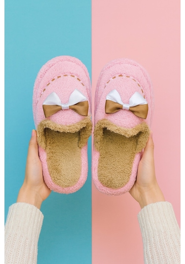 Golden Fiyonklu Kapalı Kadın Ev Terliği Günlük Rahat Kışlık Terlik Pembe