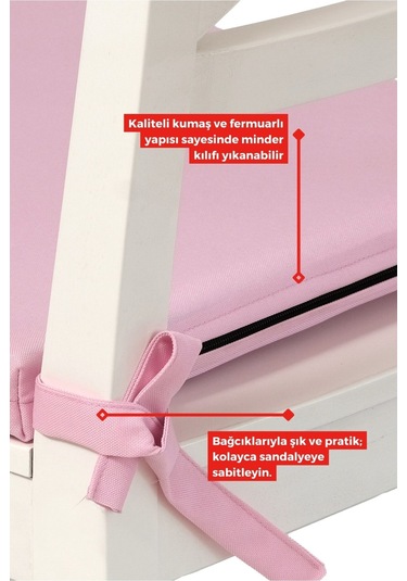 4'lı Sandalye Minderi Su İtici Kumaş 40x40 Cm Sünger Sandalye Minderi Bağcıklı Pembe